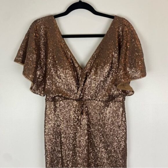 Revelry Gwen Sequin Flutter Sleeve Gown in Mocha 10 - Picture 3 of 12